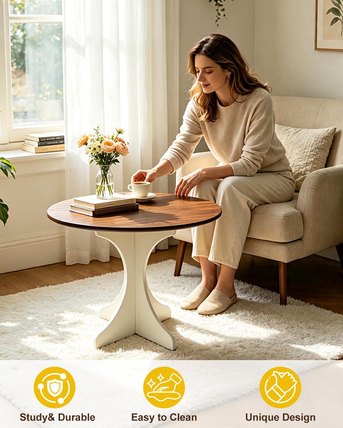 Inspired Saarinen Style Mid Century Modern Round Side Table Accent 24in Coffee Table with Amber Wood Grain Tabletop & White Curved Base