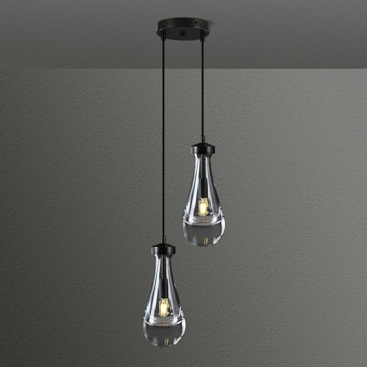 Raindrop Pendant Lights Kitchen Island Teardrop Black Hanging Light Fixtures Clear Solid Glass Pendant Light Modern Chandeliers for Dining Room Porch Corridor Living Room (2-Light)