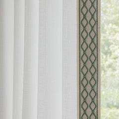 White Colour Linen Curtain Panels with Embroidered Trim Design, Pinch Pleat Curtains, Semi-Sheer Curtains for Sliding