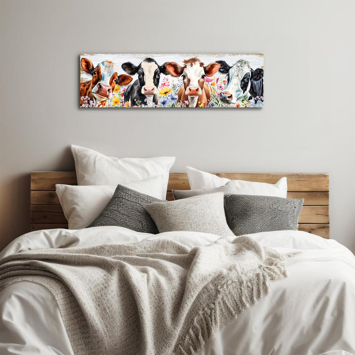 Country Cow Canvas Wall Art Kitchen Wall Decor Vintage Funny Cattle Flowers Picture Prints Rustic Farmhouse Painting