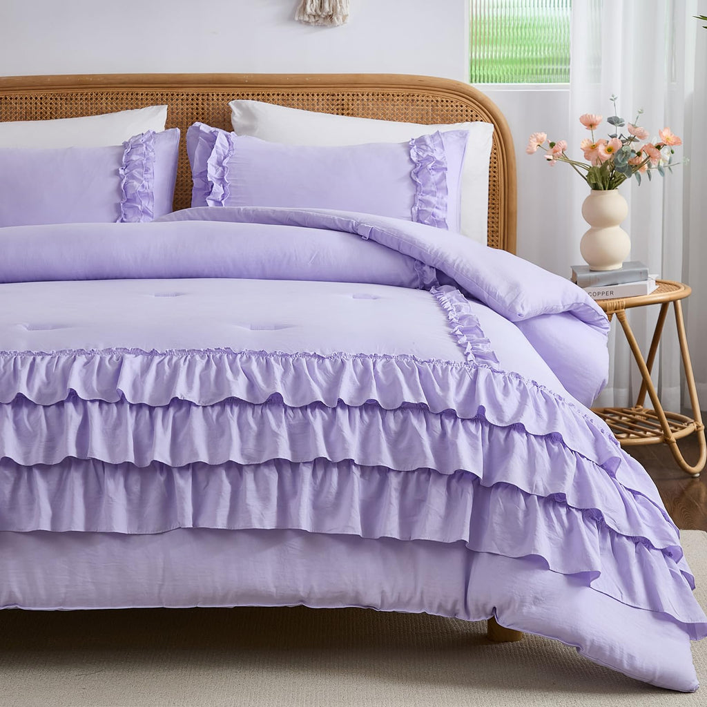 Light Purple Comforter Set King Size, Waterfall Ruffle Shabby Chic Bedding Set, Soft Fluffy Boho Comforter Set for All