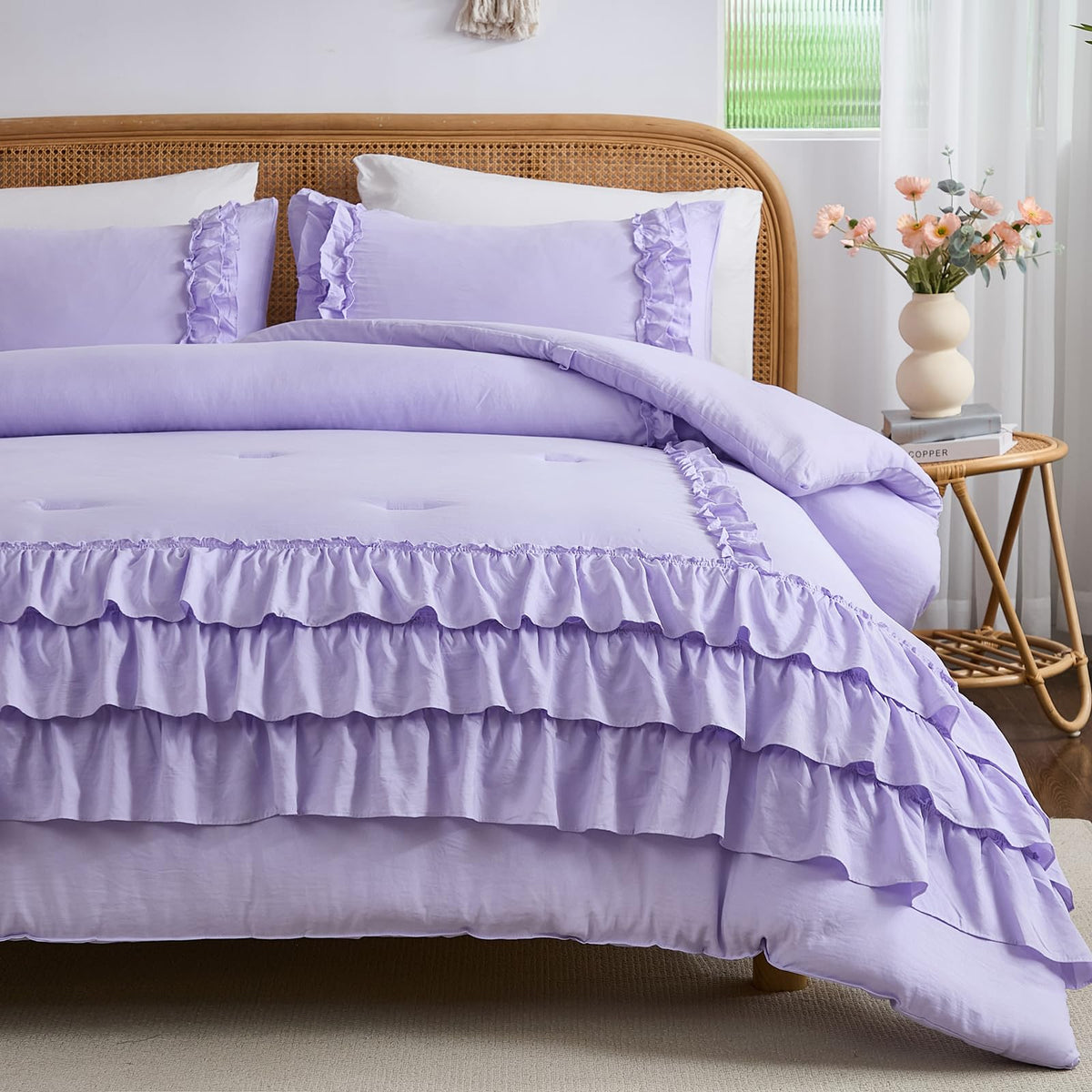 Light Purple Comforter Set King Size, Waterfall Ruffle Shabby Chic Bedding Set, Soft Fluffy Boho Comforter Set for All