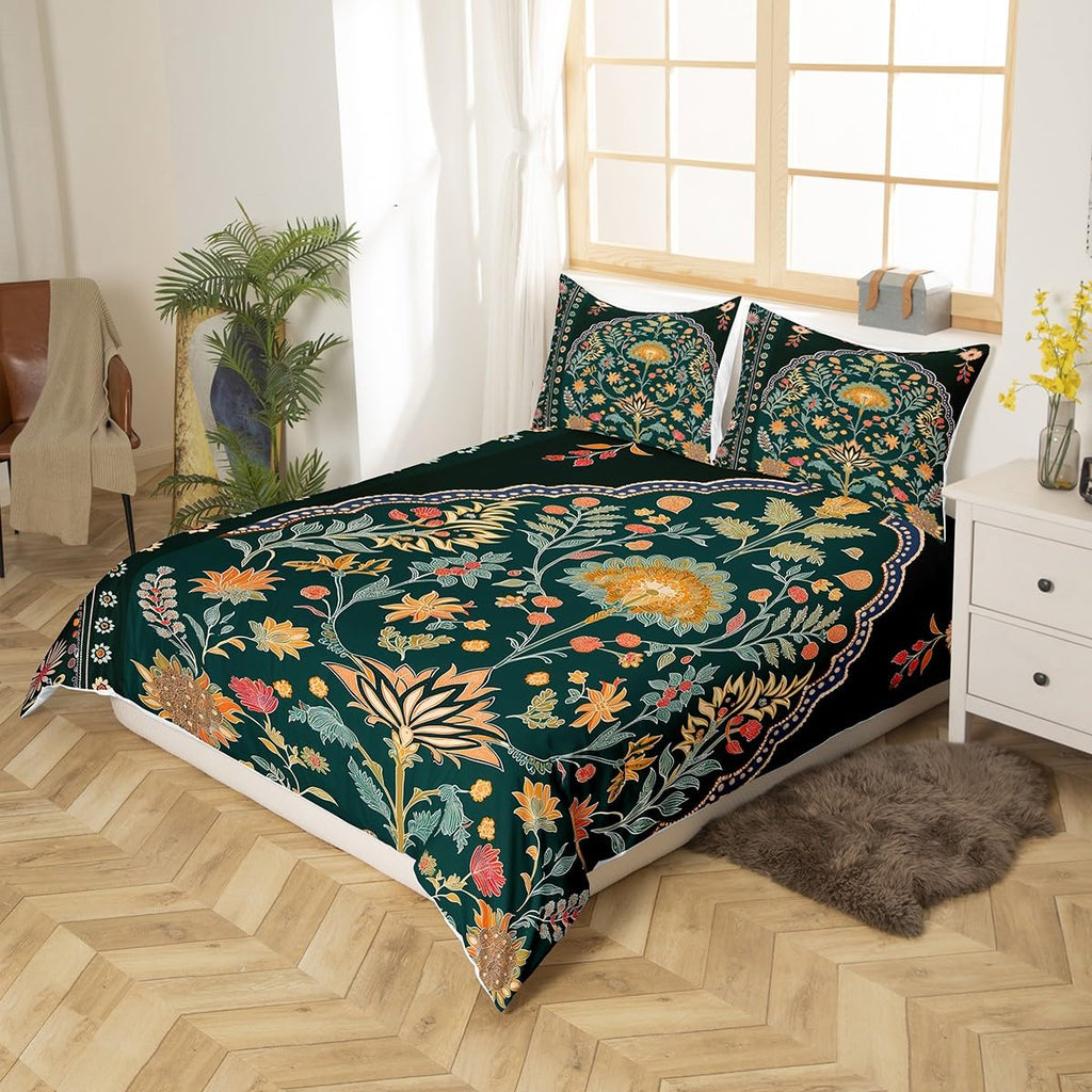 Bohemian Duvet Cover Ethnic Baroque Bedding Set, Girls Boho Floral Leaves Comforter Cover Indian Classical Texture