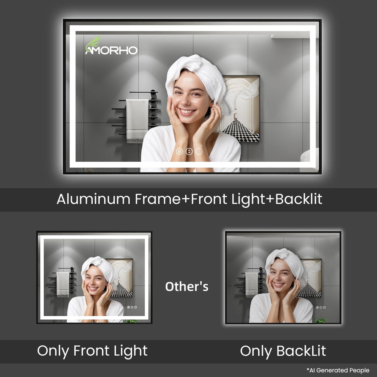 LED Bathroom Mirror, 24"X30" Front Lit and Backlit with Black Frame