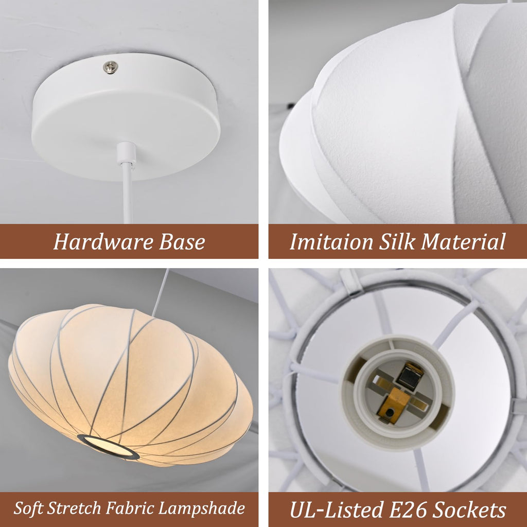 Inspired Nelson Style 19.7inch Silk Pendant Light, Italian Modern White Lantern Fabric Silk Ceiling Hanging Lamp Saucer Chandelier