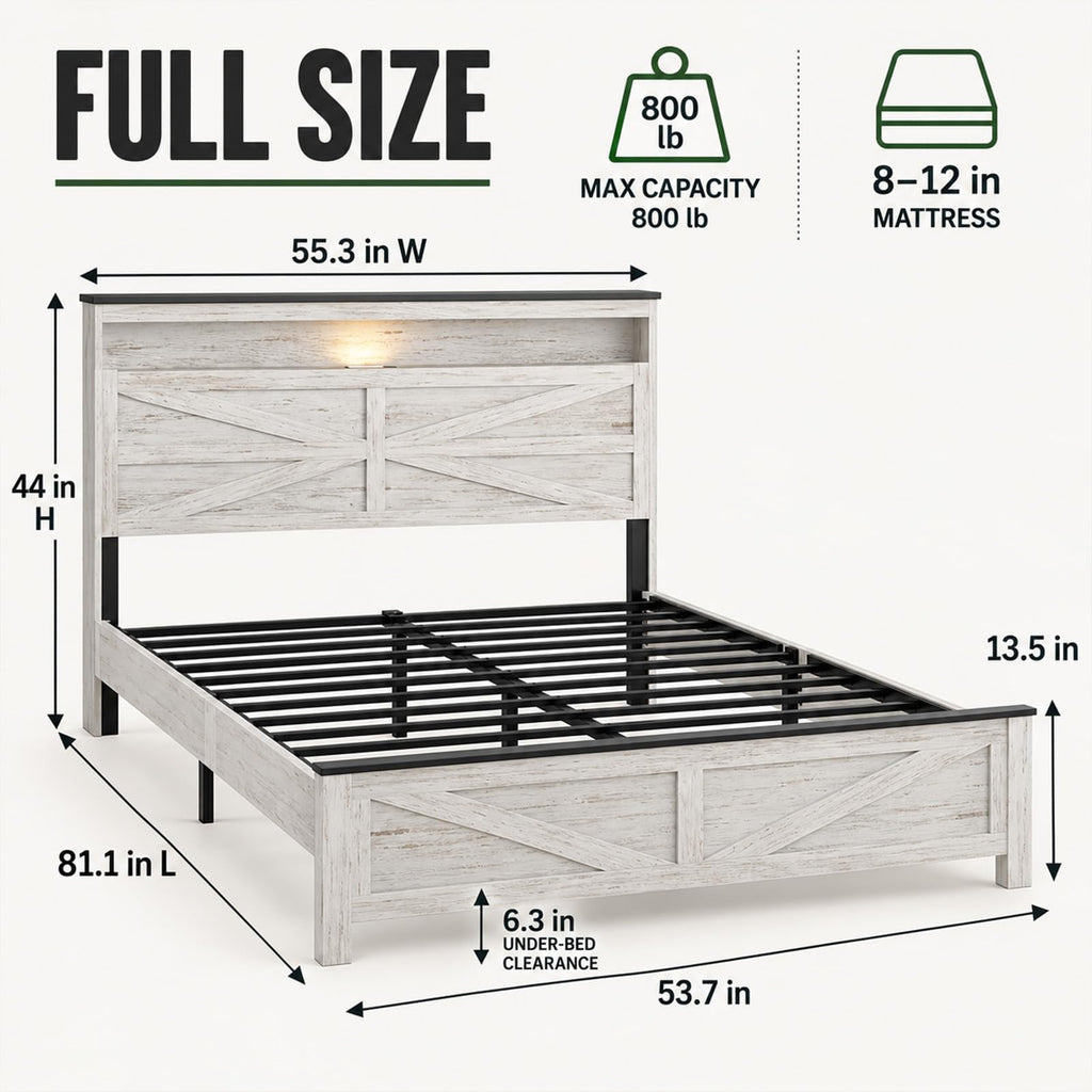 Farmhouse Bed Frame with LED Charging Headboard