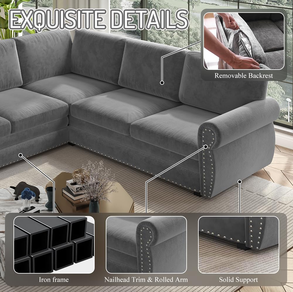 L-Shaped 6-Seat Sleeper Sectional Sofa Bed, Chenille Pull Out Couch