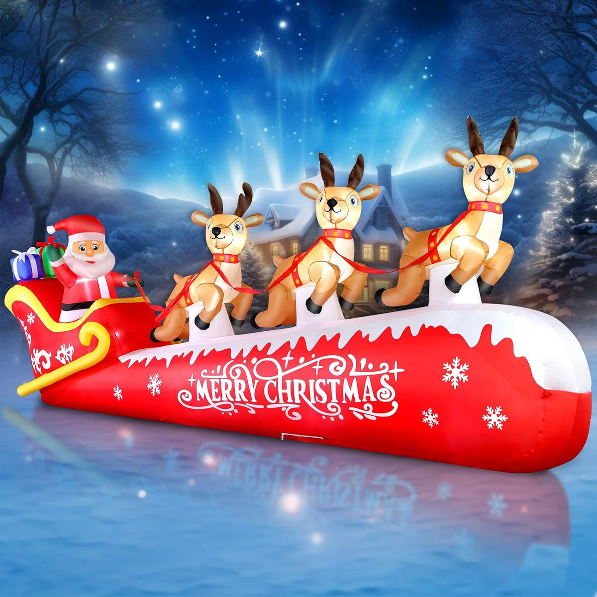 12 FT Christmas Inflatable Santa Claus on Sleigh with 3 Reindeers Outdoor Decorations, Giant Christmas Blow Up Yard