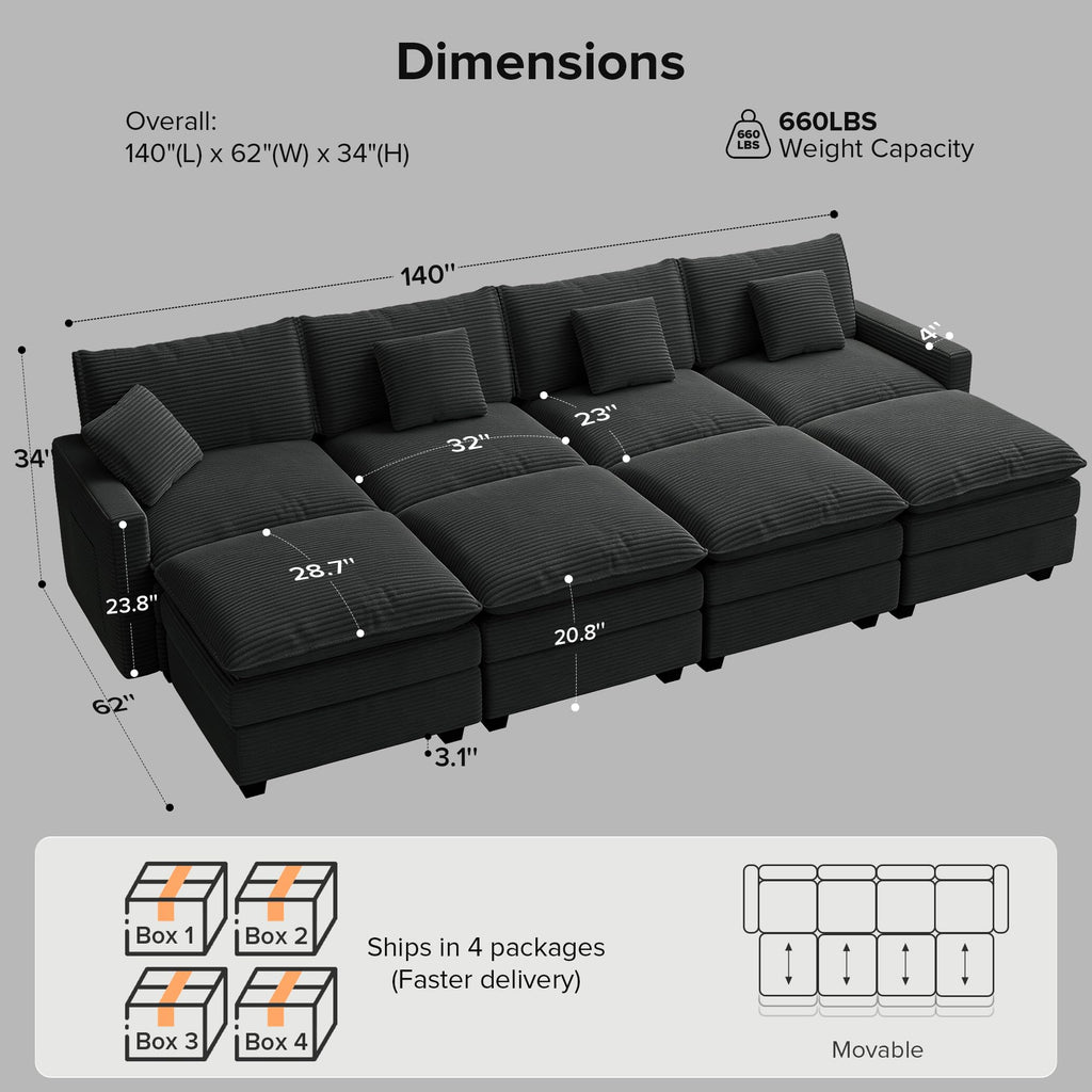 Oversized Cloud Couch Sectional, Deep Seat Modular Sofa with Ottoman, Black