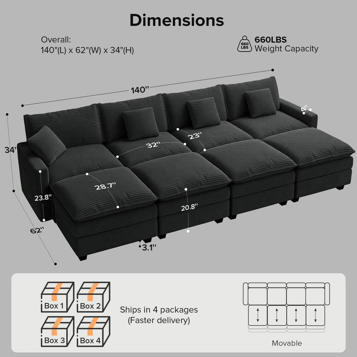 Oversized Cloud Couch Sectional, Deep Seat Modular Sofa with Ottoman, Black