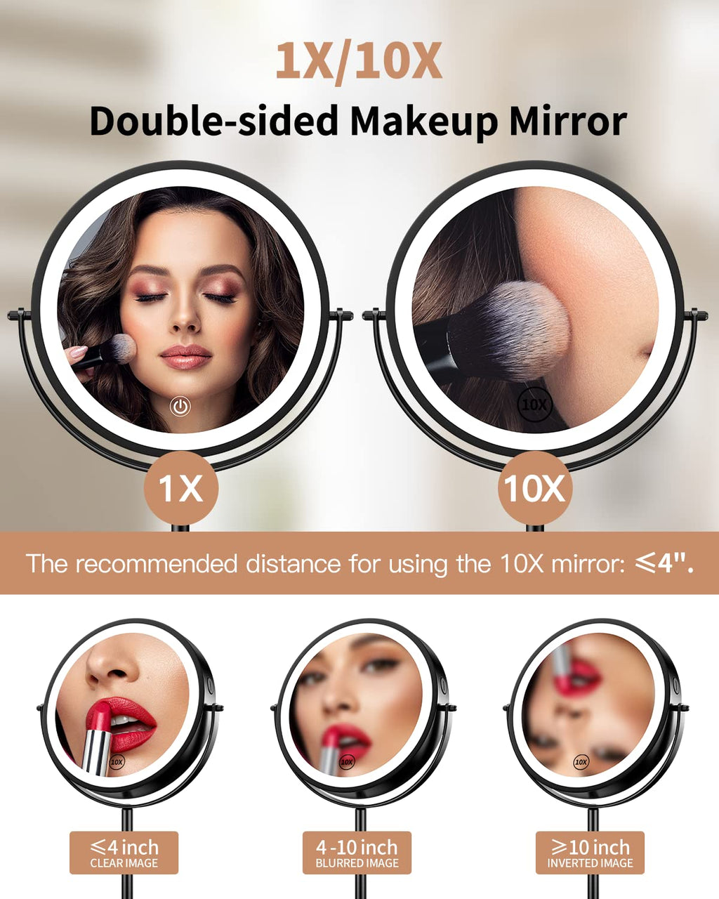 8" Lighted Makeup Mirror with Magnification 10X/1X, 3 Color Lights