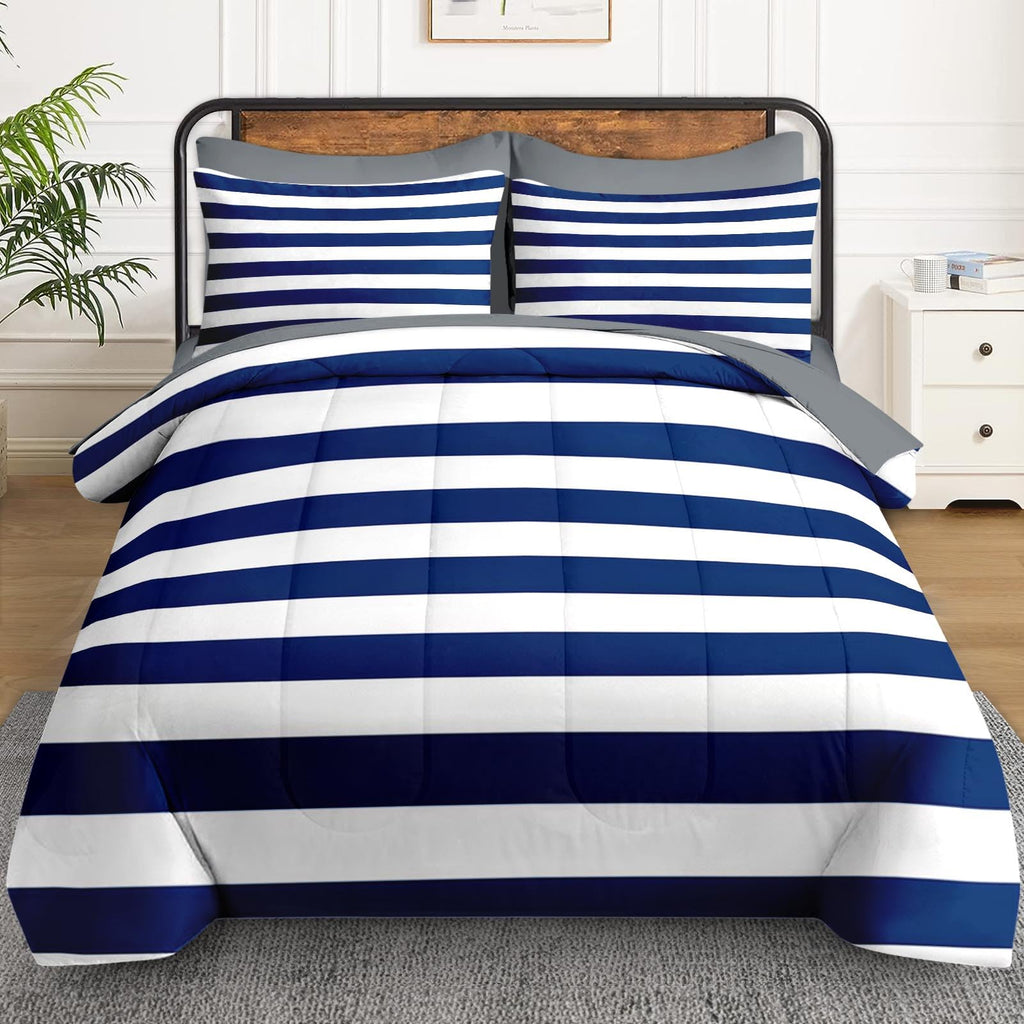 7 Pcs Comforter Set, Striped Navy Bedding