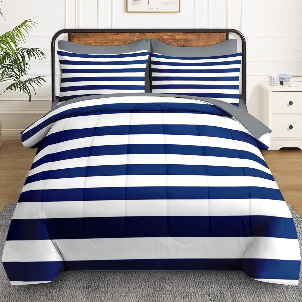 7 Pcs Comforter Set, Striped Navy Bedding