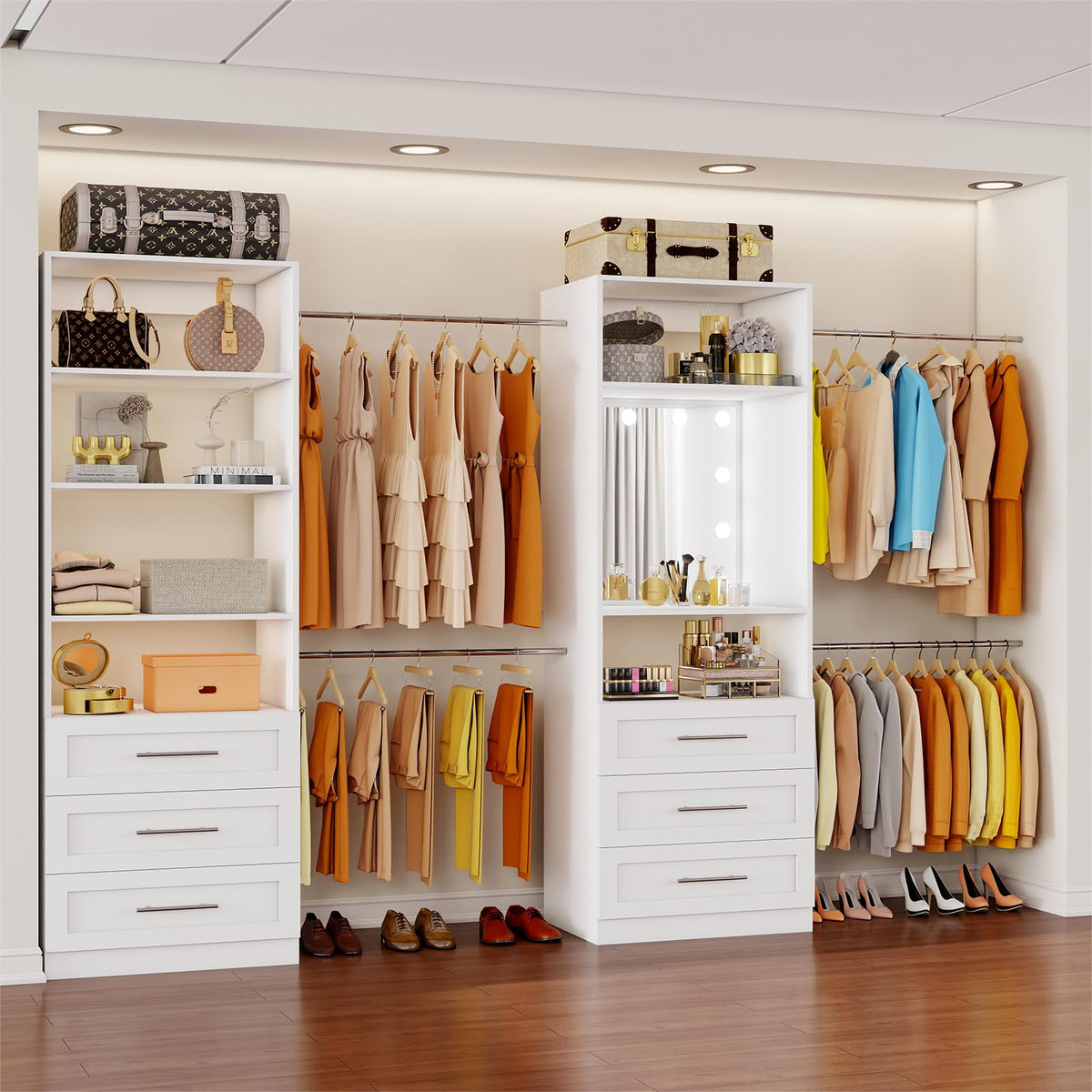 Closet System with 6 Drawers & Mirror, 4-12FT Closet Organizer System with 6 Shelves, 5 Hanging Rods & Light, Modular