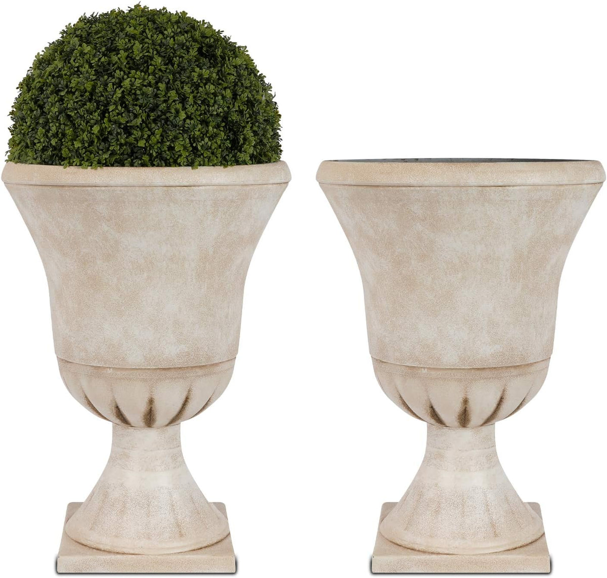 Plastic Urn Planters for Outdoor Plants, Tree 22'' Tall 2 Pack Round Classic Resin Flower Pots Indoor Beige
