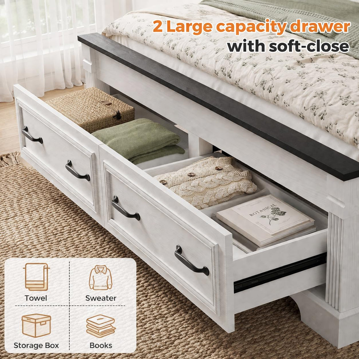 Farmhouse Bed Frame with Storage Drawers Headboard Footboard