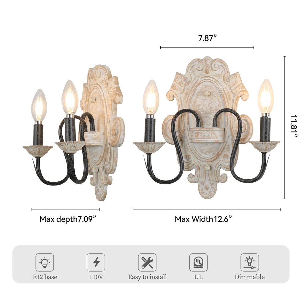 Farmhouse Wall Sconces Set of 2, Vintage 2-Light E12 Wall Lights