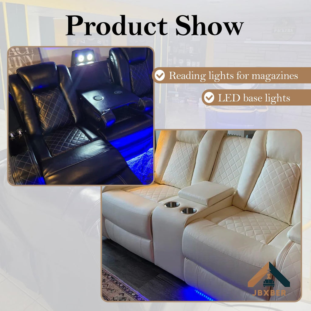 Power Recliner Sectional Sofa Set, Leather Recliner Sofa Sets, L-Shaped Corner Sectional Couch Sets with LED Lights