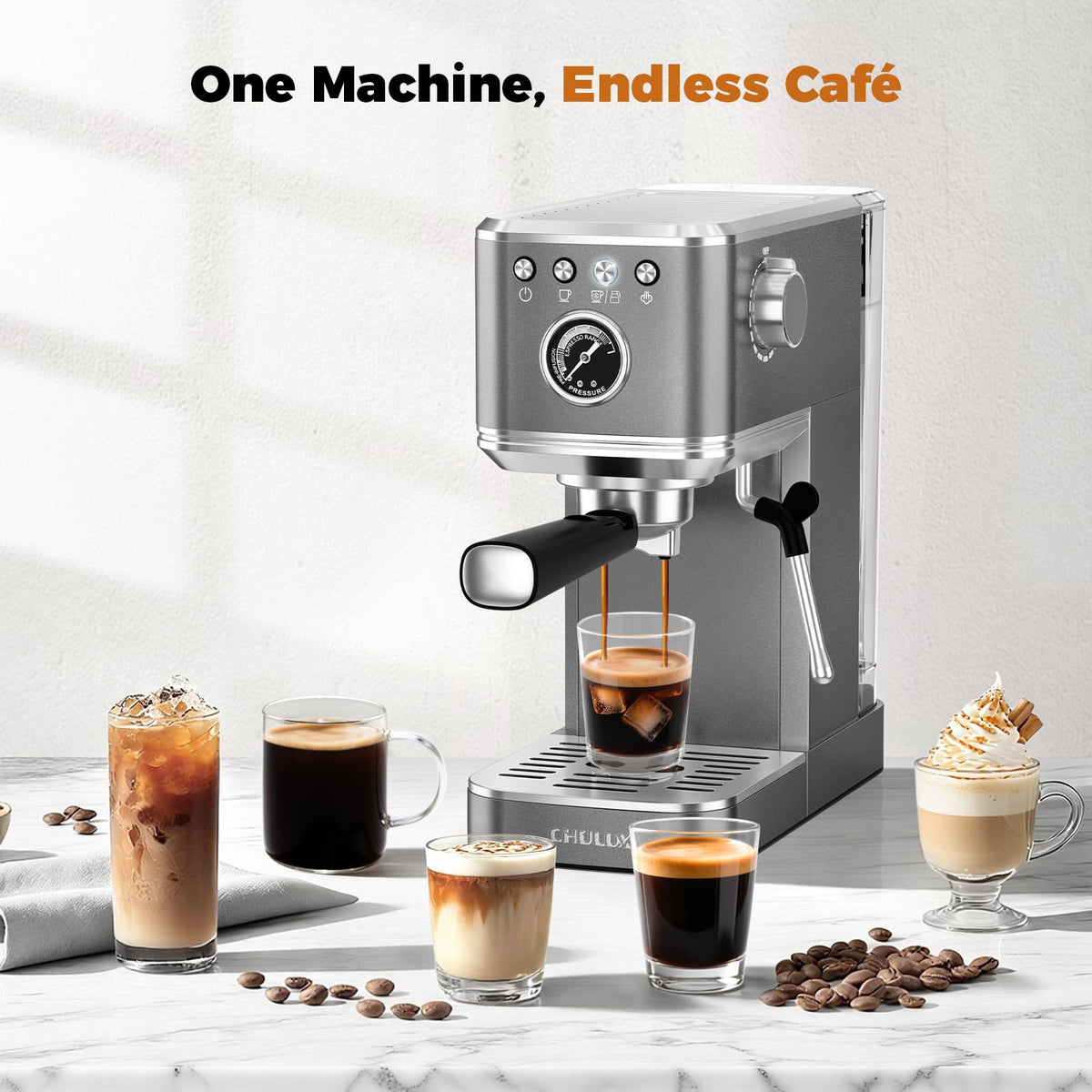 Elite Espresso Coffee Machine with Steam Wand for Cappuccino, Gray
