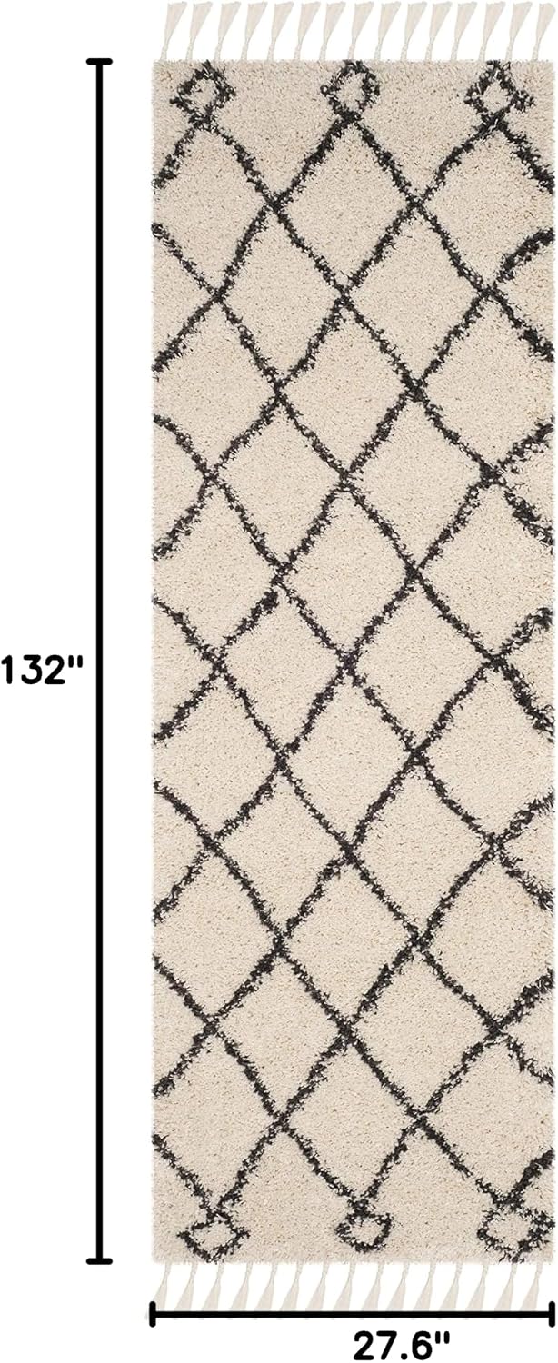 Moroccan Fringe Shag Collection Runner Rug, Cream & Charcoal, Boho Trellis, Non-Shedding & Easy Care