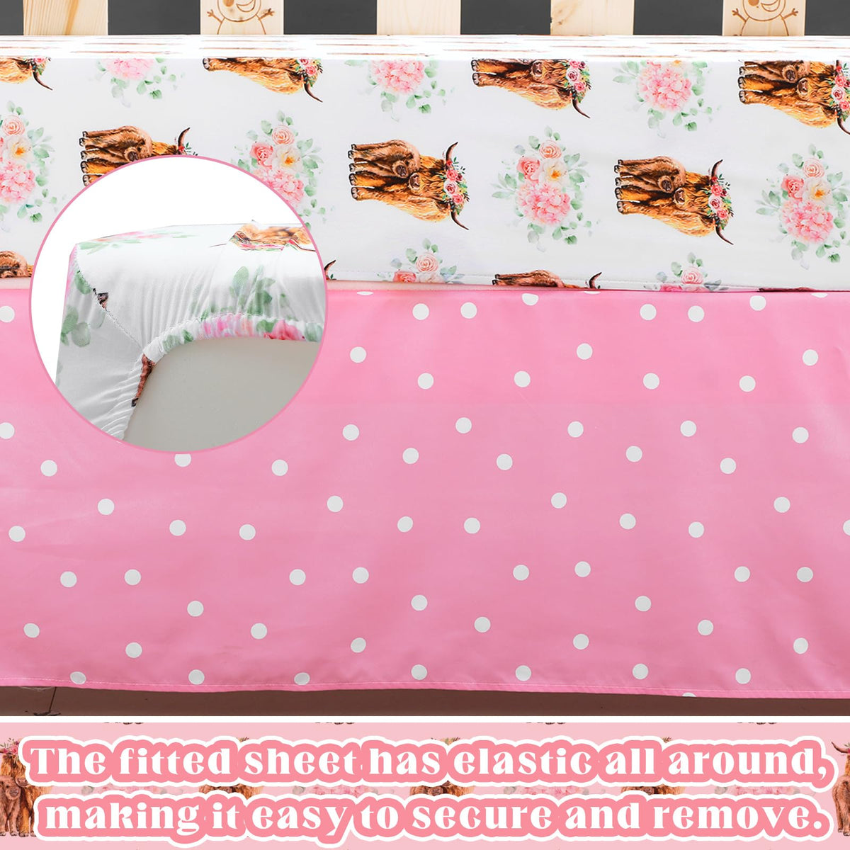 3 Pcs Highland Cow Baby Girl Crib Bedding Set Soft & Thick
