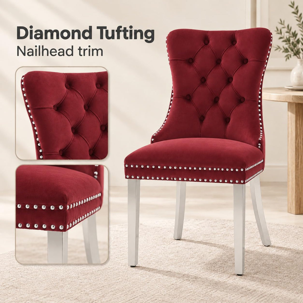 Mid Century Modern Dining Chairs Set of 4, Velvet Upholstered Kitchen & Dining Room Chairs with Nailhead Trim &
