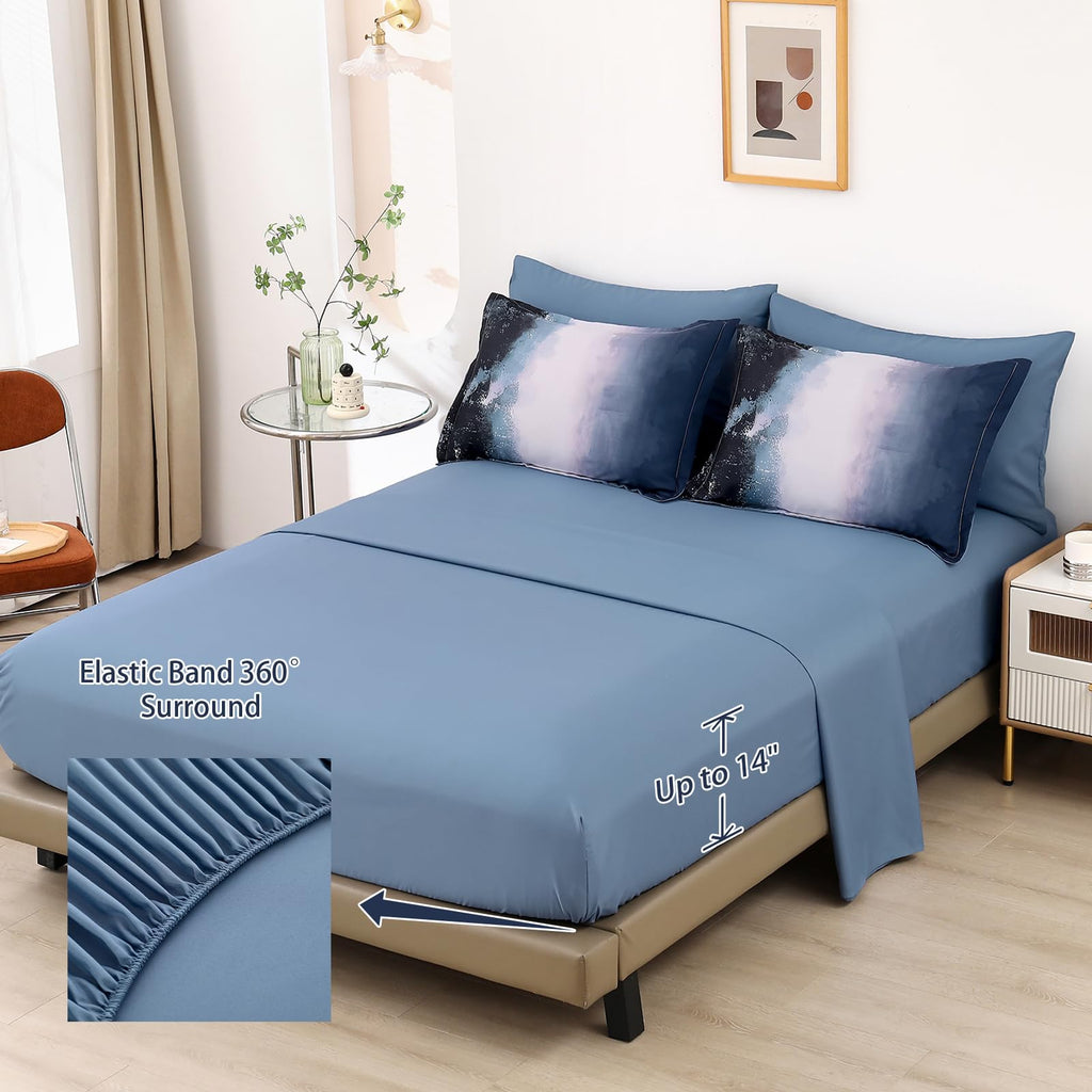 Ombre Blue Comforter Set Queen Size Gradient Navy Blue Black Boho Bedding Set for Teen Men Women 7 Pieces Bed in A