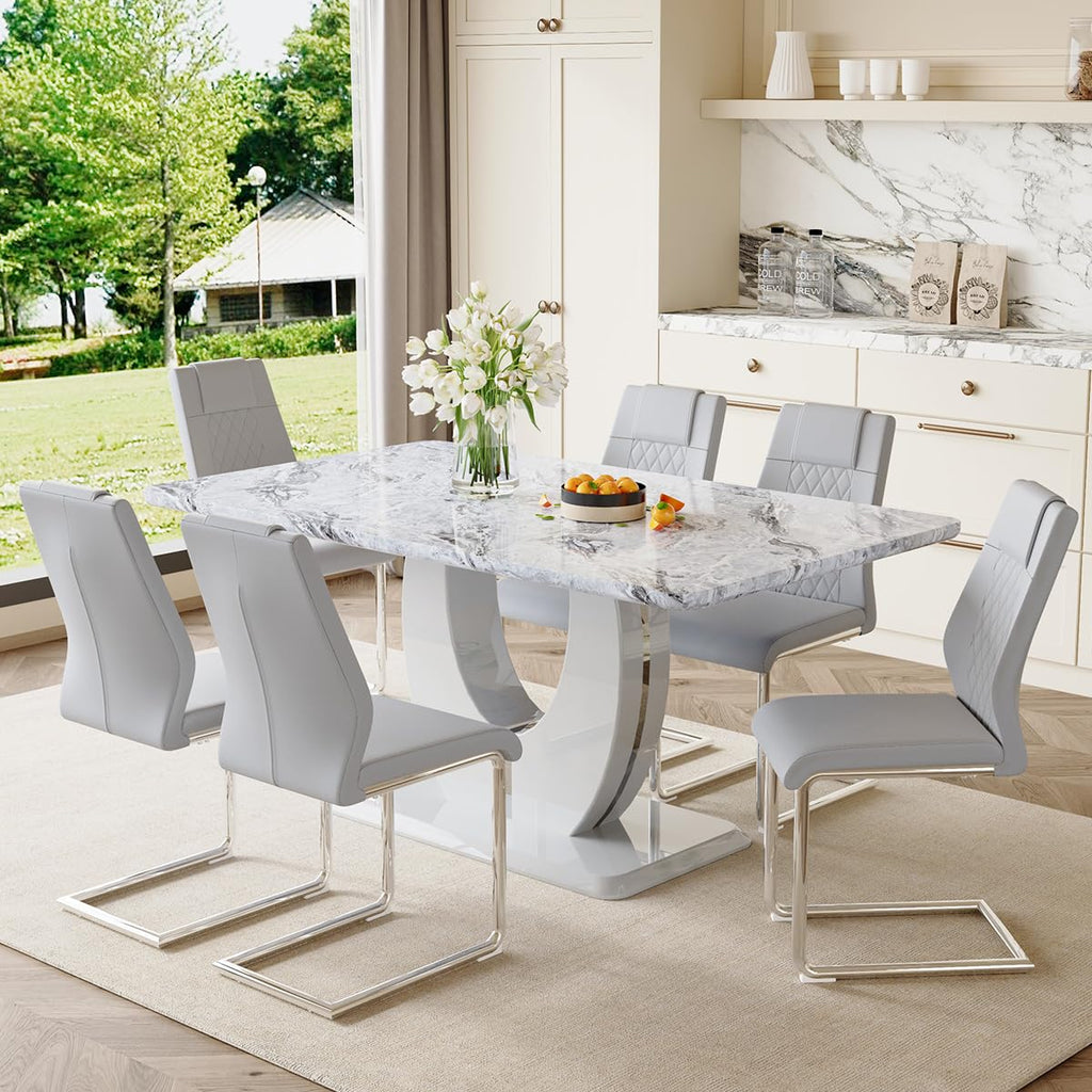 7-Piece Dining Table Set for 6, 63-Inch Faux Marble, Light Grey