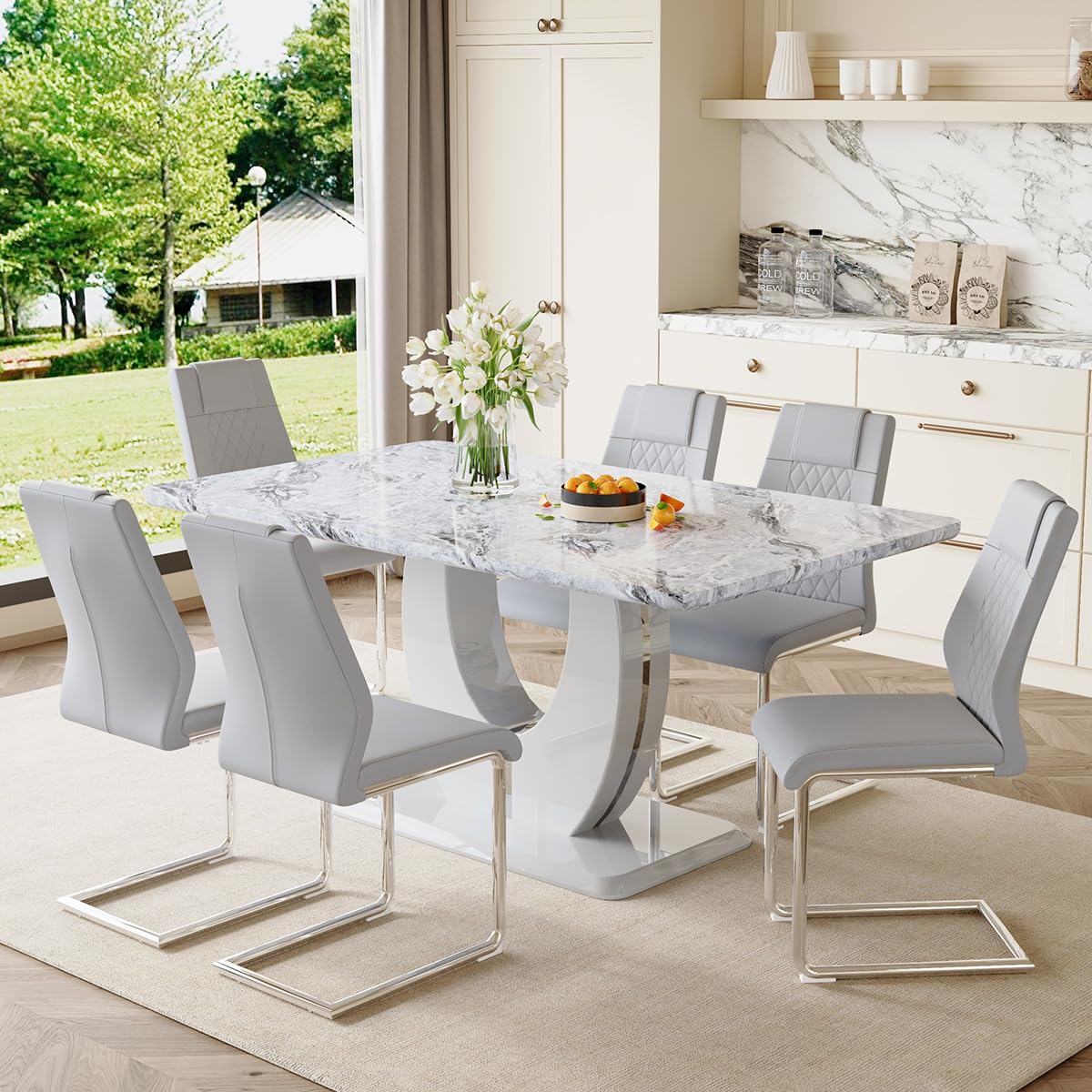 7-Piece Dining Table Set for 6, 63-Inch Faux Marble, Light Grey