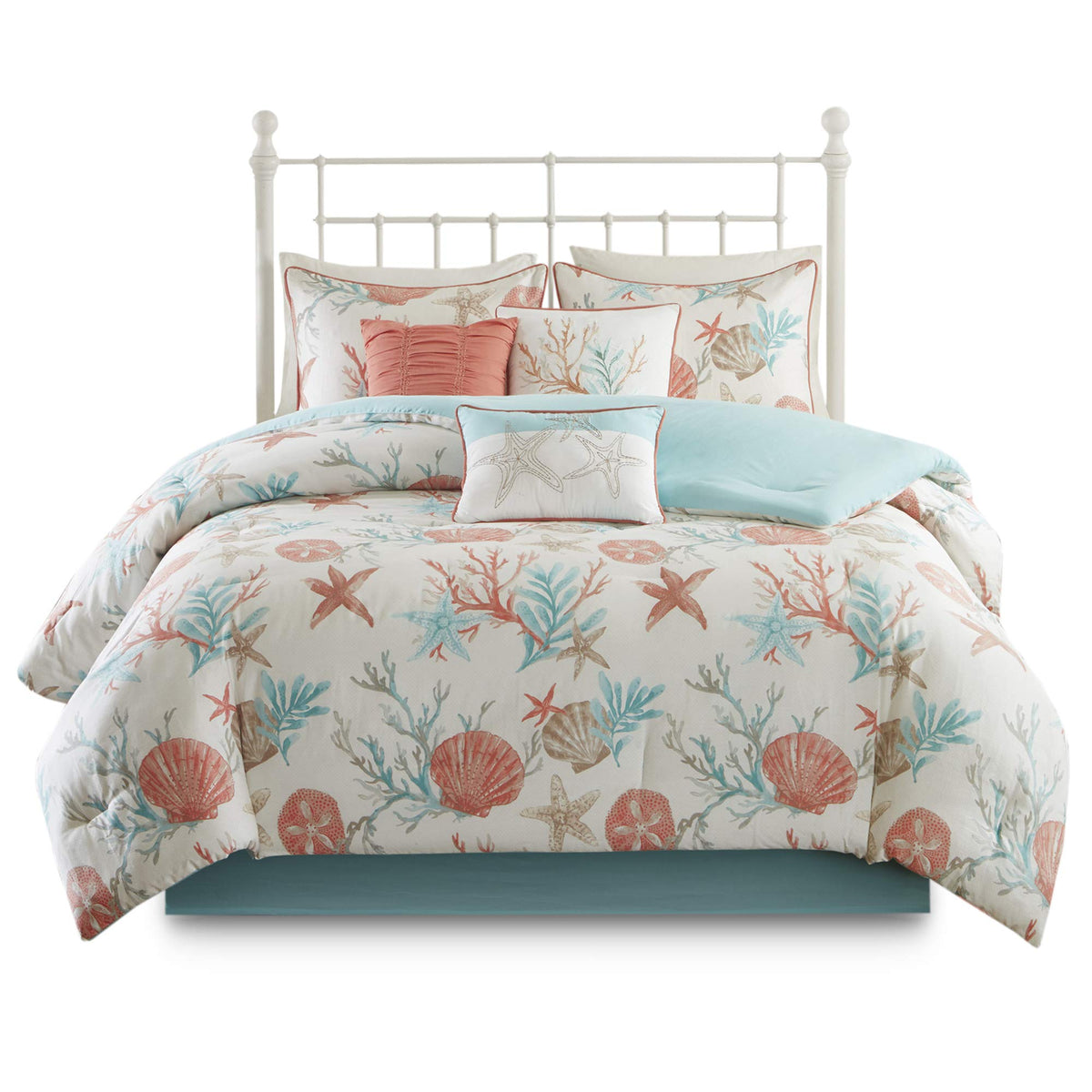 Cotton Coastal Starfish Coral Queen Comforter Set, 7pc