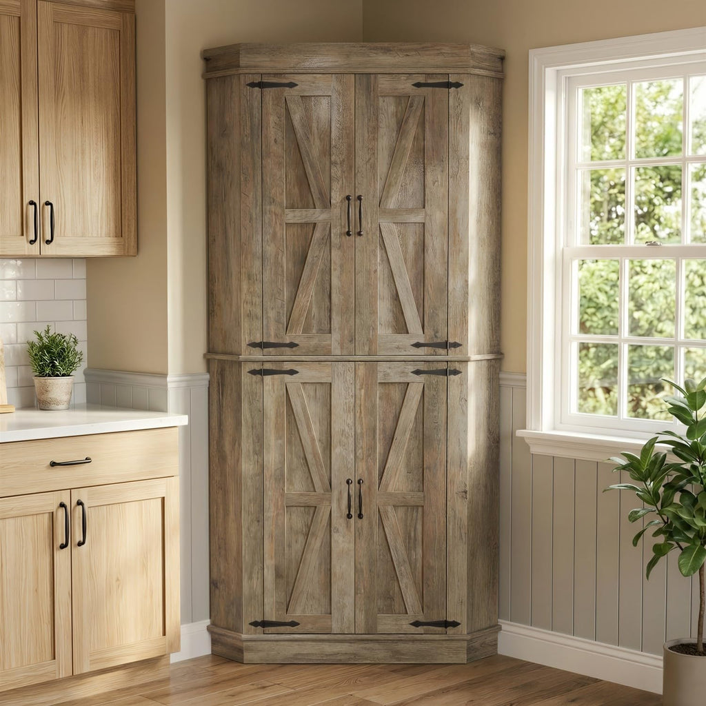 Farmhouse 71"Tall Corner Bar Cabinet,Heavy Duty Corner Kitchen Pantry Cabinet with 4 Doors&Shelves,Freestanding L