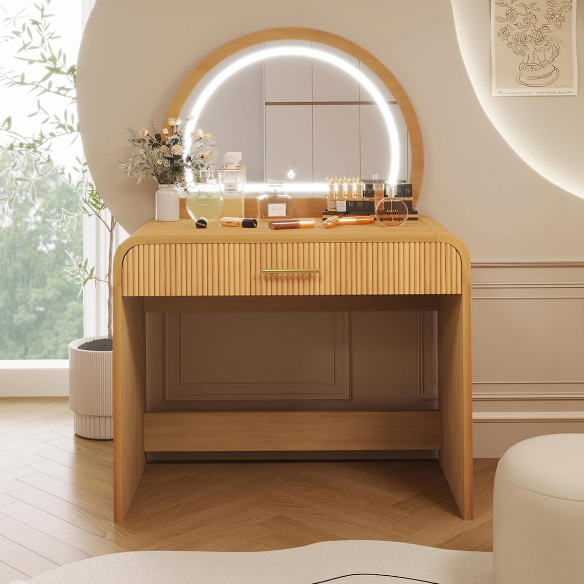 39" Makeup Vanity Table with Touch Screen Lighted Mirror, Rubber Wood Dressing Table with Large Drawer Living Room