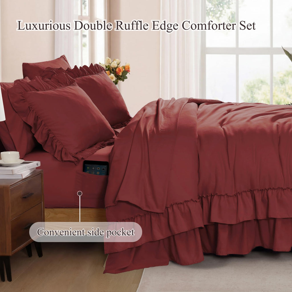 Comforter Set Syrah Red Ruffle 7 Pieces Farmhouse Bed in a Bag