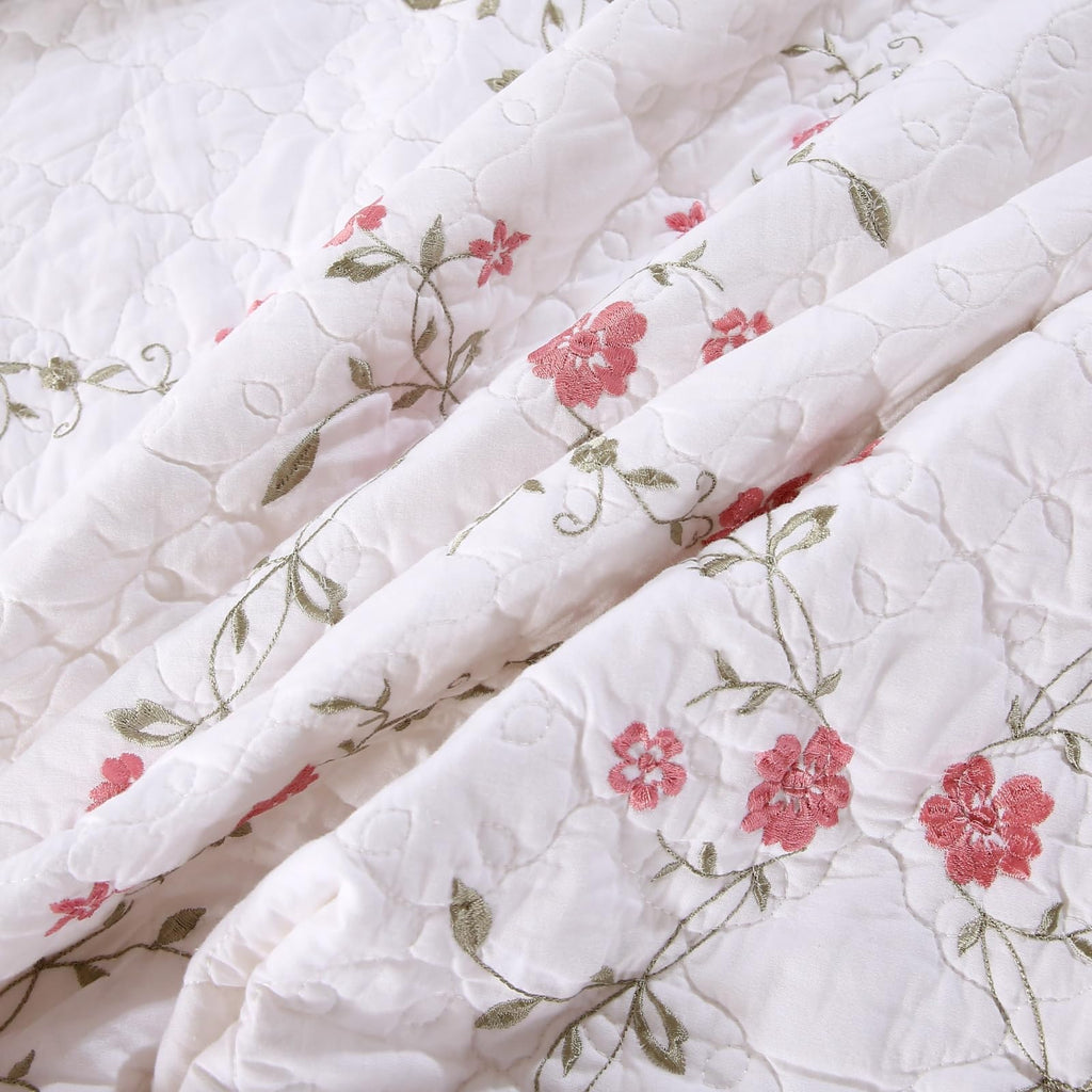 3 Piece Cotton Quilt Bedspreads Elegant Floral Embroidered Soft Lightweight Cotton Coverlet, 1 Quilt and 2