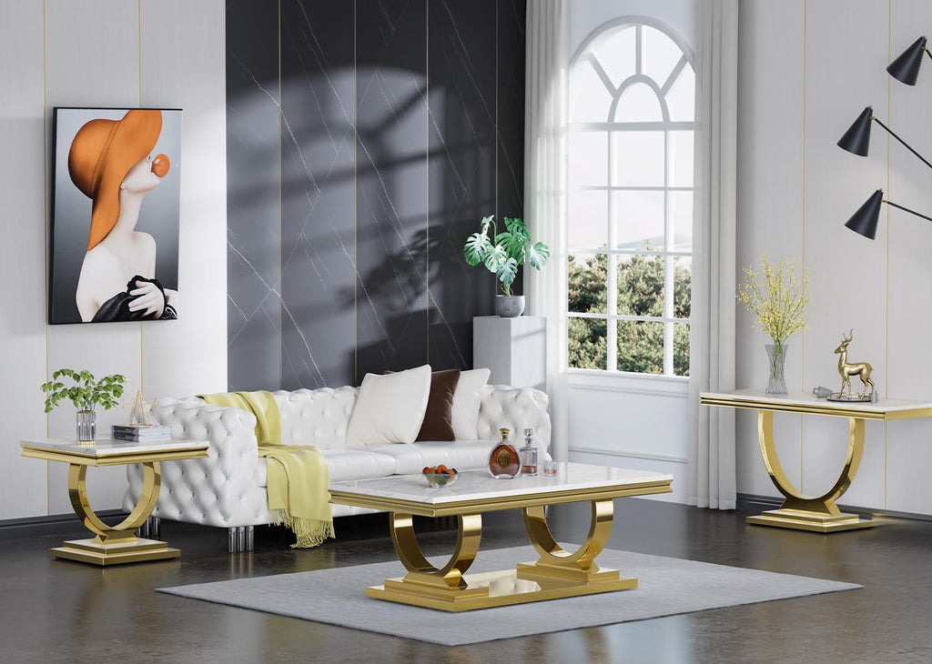Modern 3 Piece Living Room Table Set, Includes 1 Coffee Table & 2 End Tables, Luxury Faux Marble Coffee End Table Set