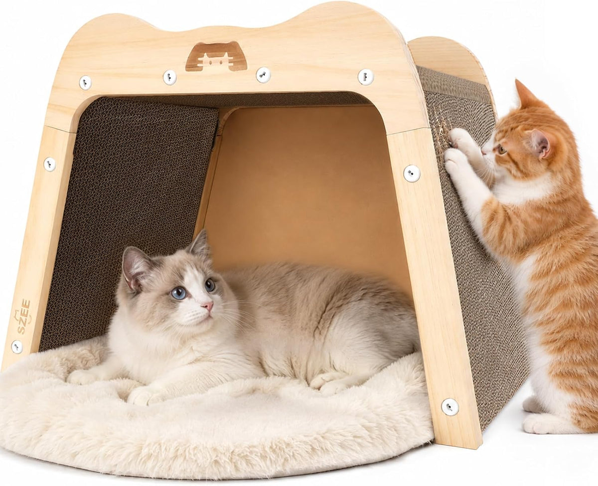Cat Scratcher Bed and Solid Wood Cardboard Cat House for Indoor Cats