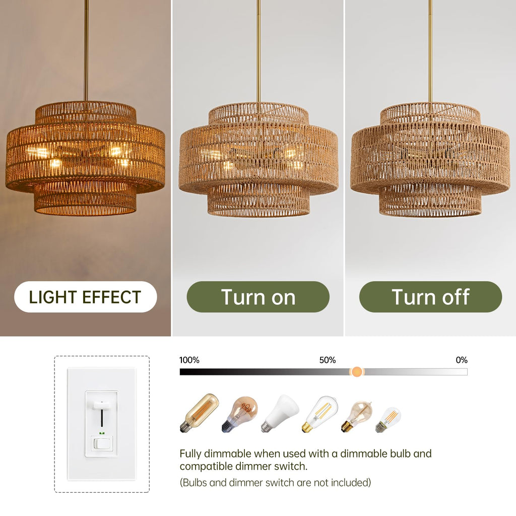 17.7" Rattan Chandelier, Large Boho Pendant Light