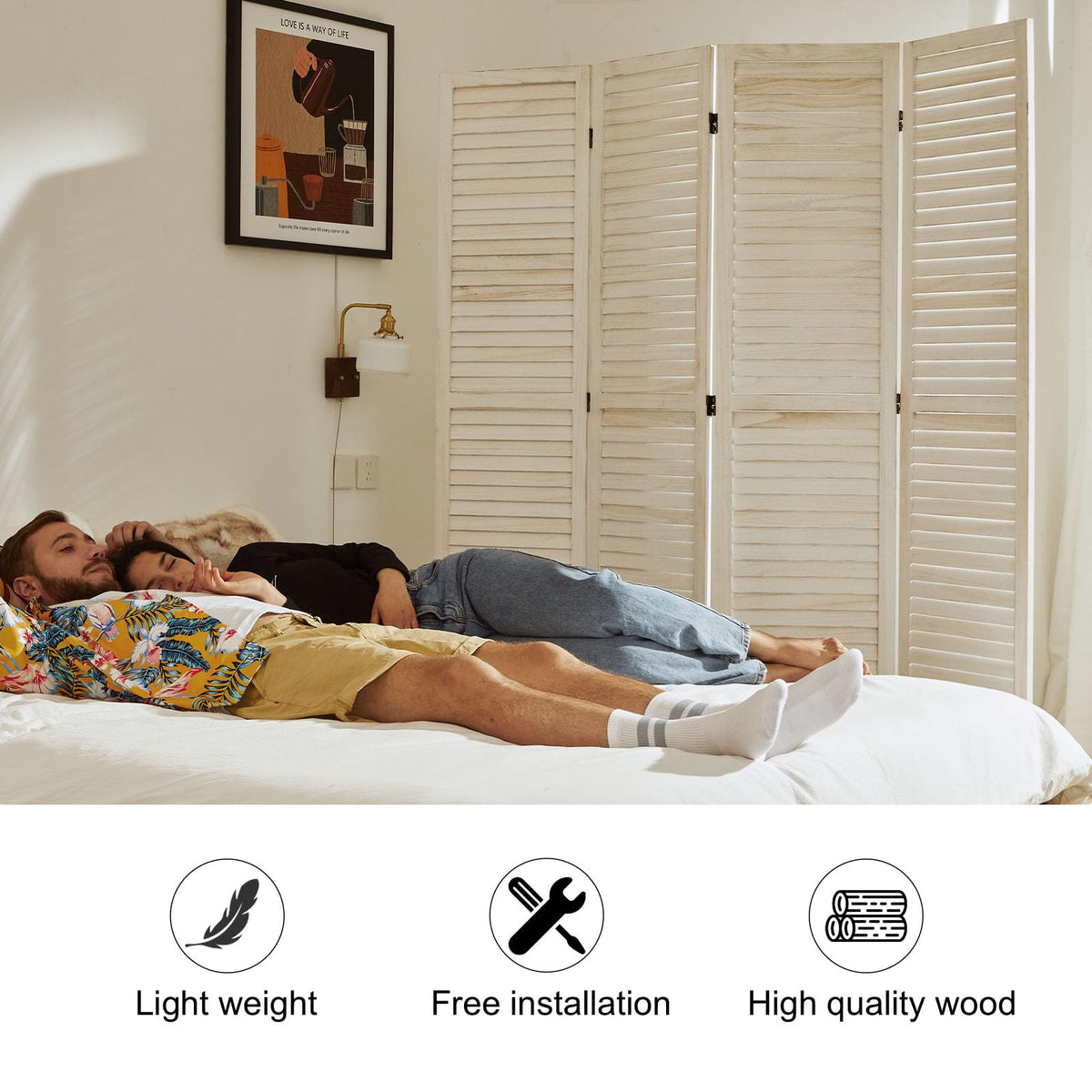 White Room Divider, Temporary Wall with Double Hinges, 5.6 Ft Tall Folding Louver Wood Screen Bedroom Hotel