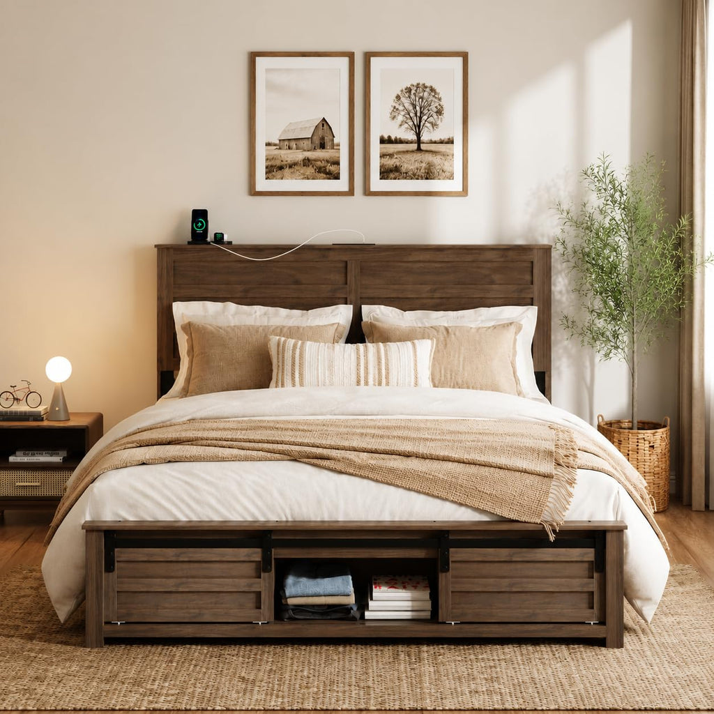 Wooden Bed Frame with Headboard, Farmhouse Storage, Barn Door