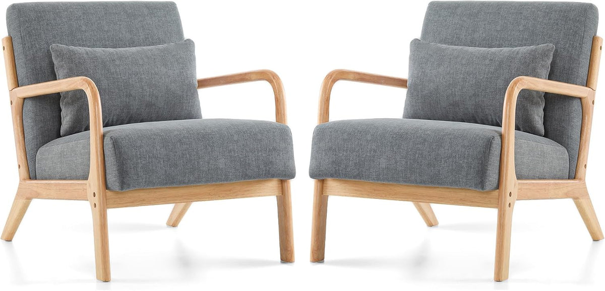 Mid Century Modern Accent Chair Set of 2, Upholstered Chair , Accent Chair with Lumbar Pillow Solid Wood Frame