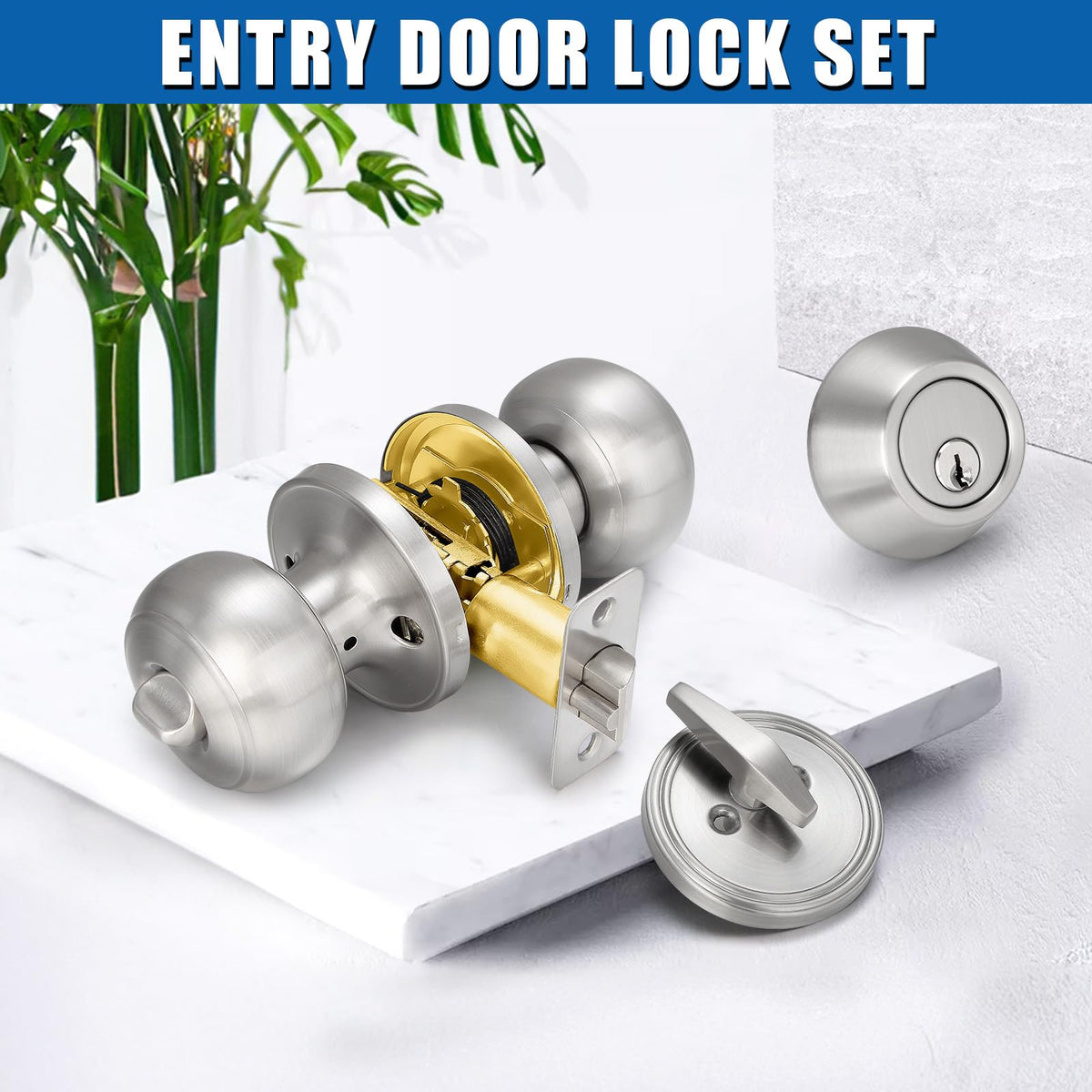 2 Sets Entry Door Knob and Single Cylinder Deadbolt Combo Set, Keyed Alike