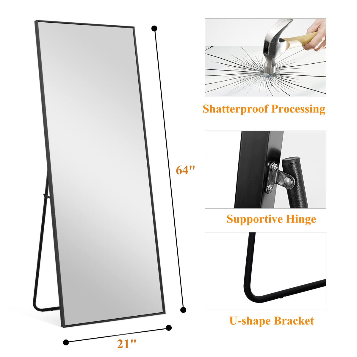 Full Length Mirror, 64"x21" Body Mirror with Stand Floor Standing Wall-Mounted Hanging or Leaning Against Wall