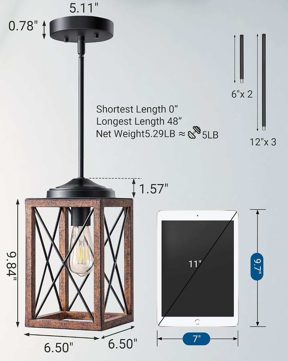 2 Pack Farmhouse Pendant Light, Metal Hanging Light Fixture with Wooden Grain Finish, 48 Inch Adjustable Pipes for Flat and Slop Ceiling, Kitchen Island, Bedroom, Dining Hall, ETL Listed