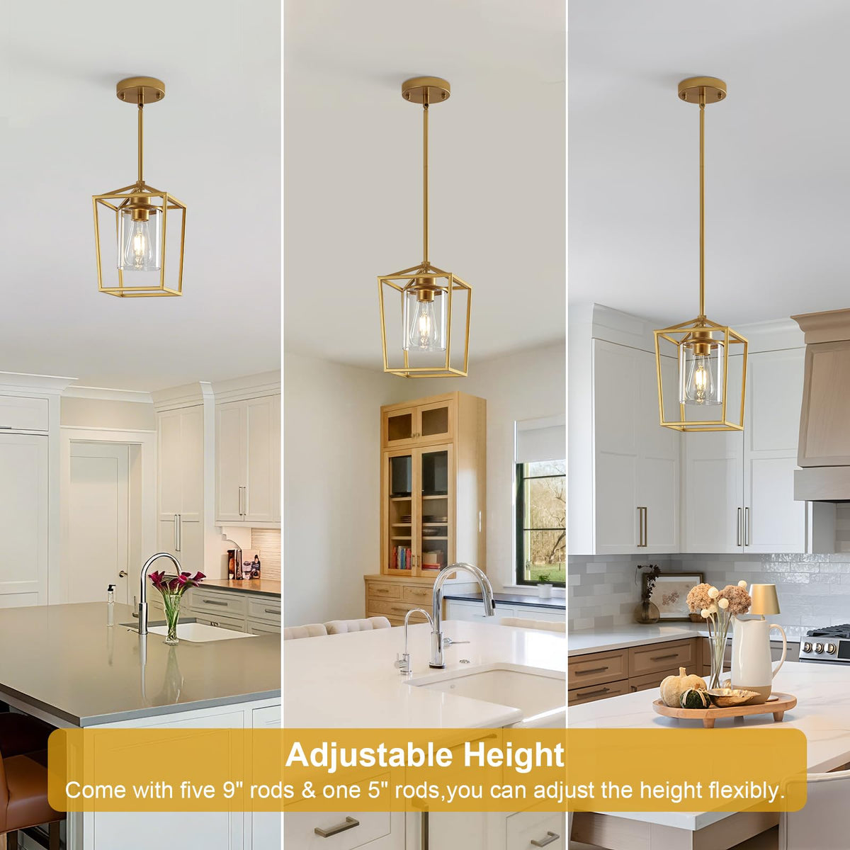2 Pack Gold Pendant Lights Kitchen Island, Modern Farmhouse Kitchen Pendant Light Fixtures, Metal Cage Island Lights