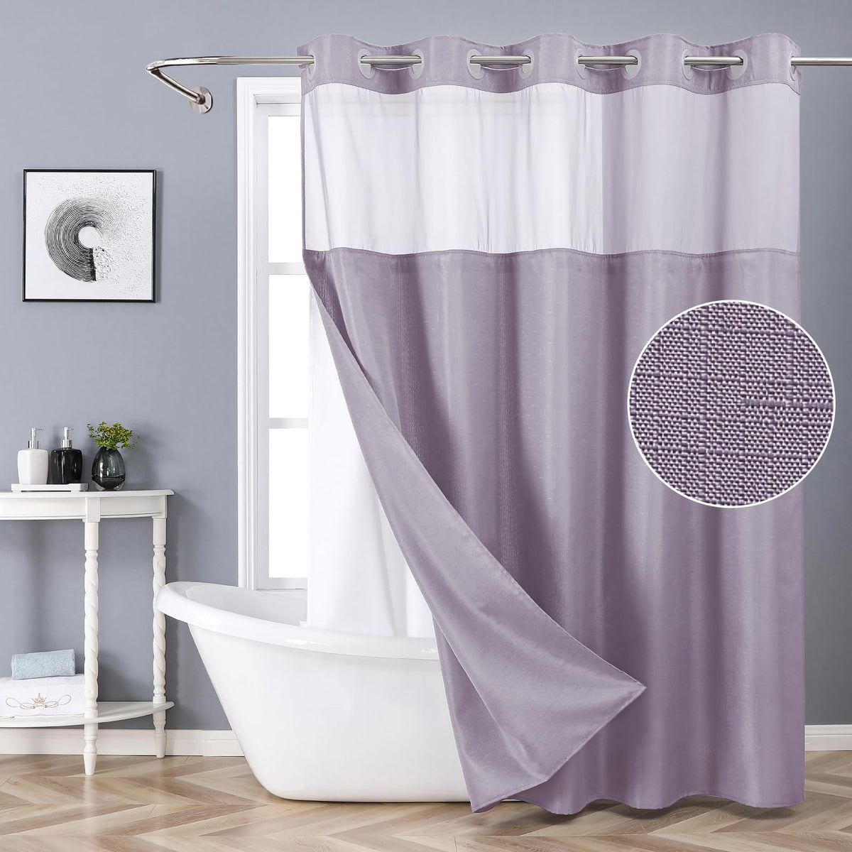Lavender No Hook with Snap-in Fabric Liner Set, Slub Textured Fabric Shower Curtains Style Modern, Water Repellent &