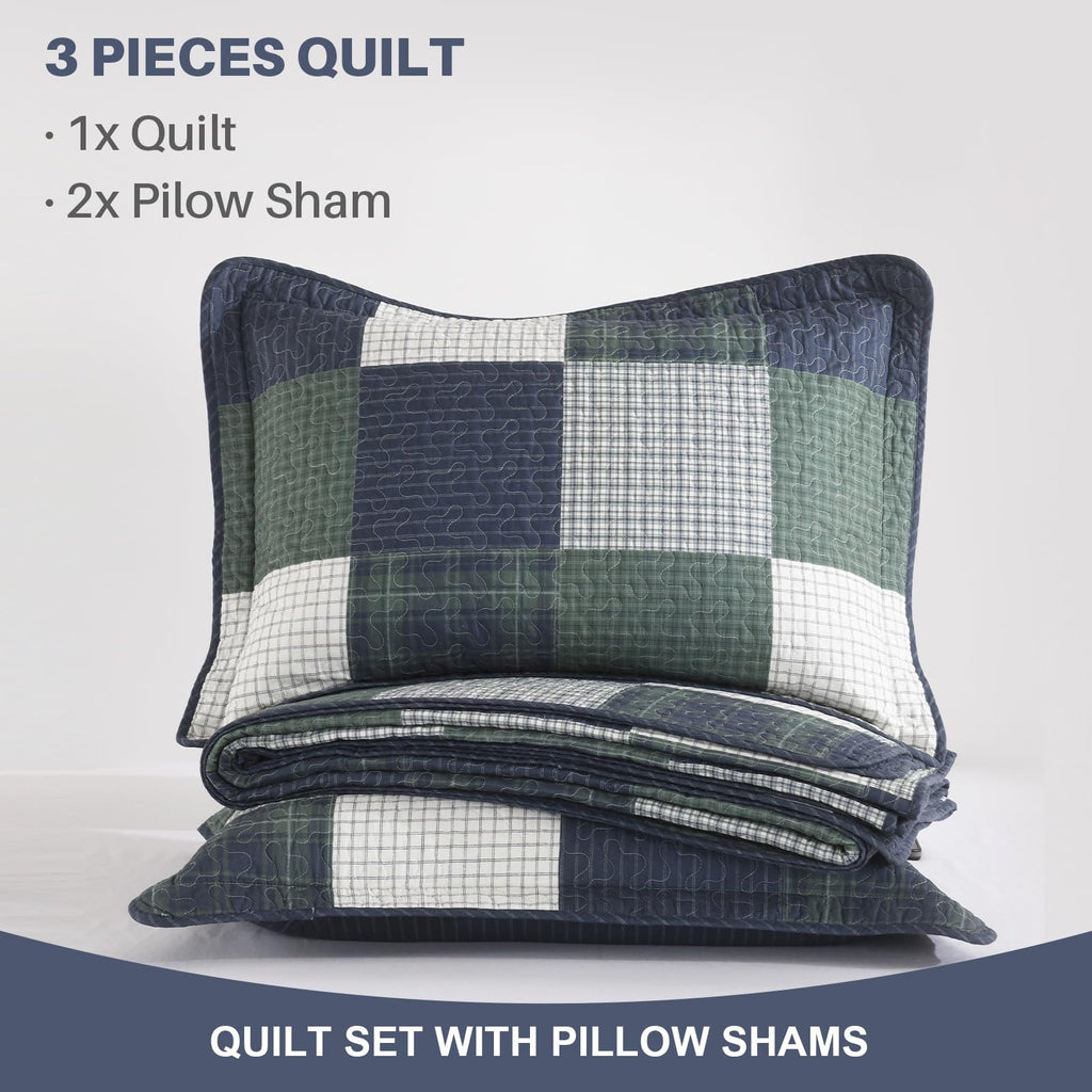 Rustic Quilt Set, 100% Cotton Plaid Patchwork Bedspreads