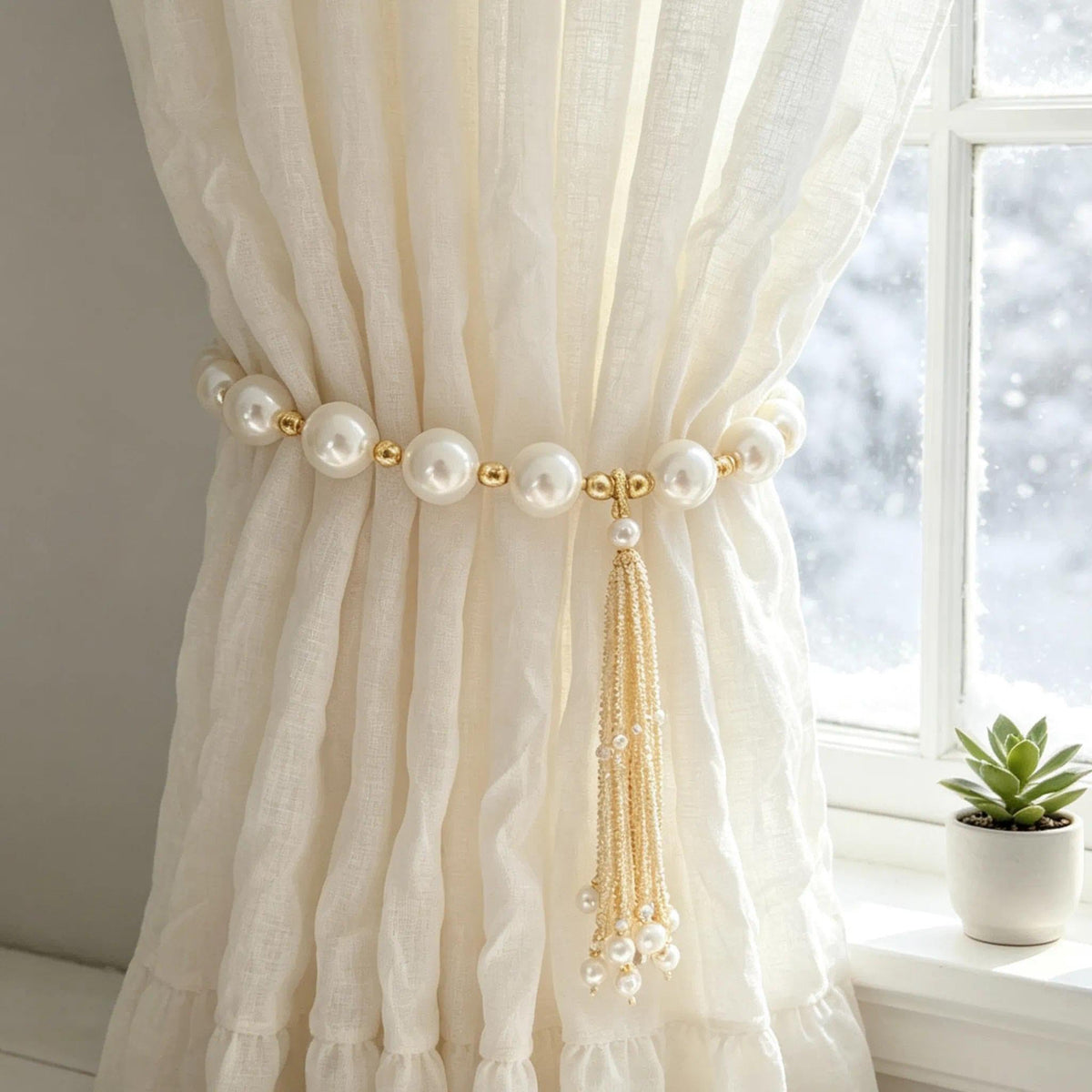 15Inch Magnetic Curtain Ties Faux Pearl Gold Tassel No Drill Style14 - 2 Pack