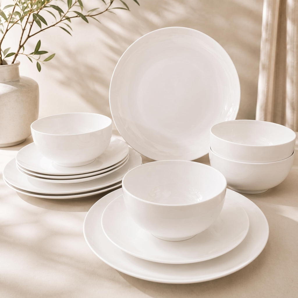 Plates and Bowls Set, 12 Piece Porcelain Dinnerware Set for 4, White Dishes Set for Everyday Dining, Dishwasher