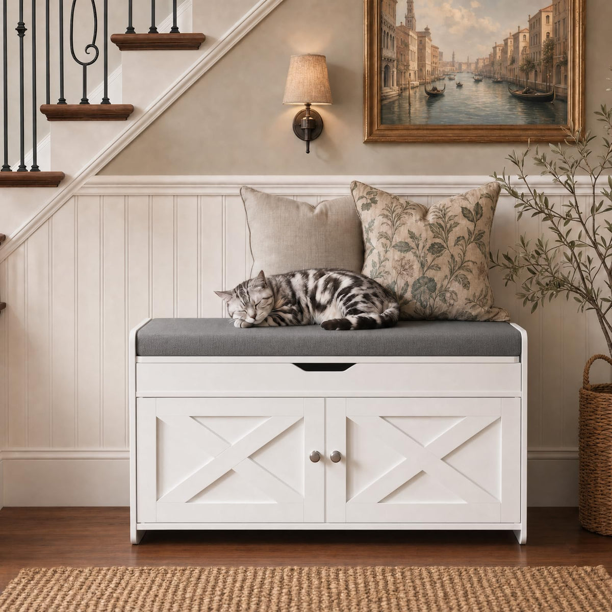 Shoe Storage Bench with Seating, Farmhouse Entryway Bench, Cream