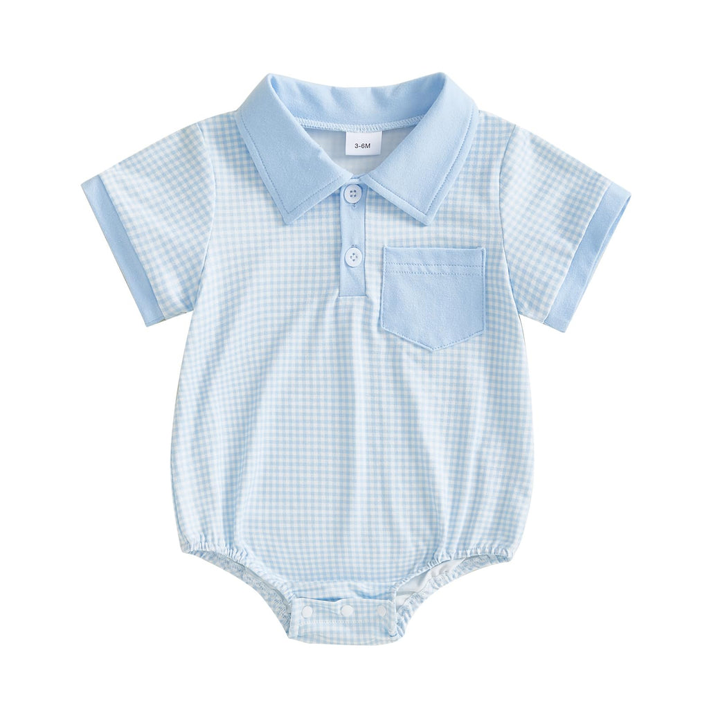 Newborn Baby Boy Summer Clothes Short Sleeve Lapel Button Romper Up Loose Fit Plaid Jumpsuit Bodysuit Boy Outfit